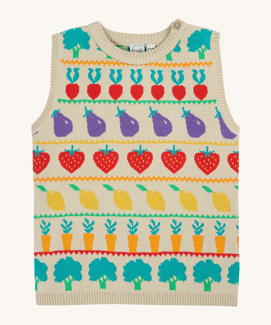 Frugi knitted tank top veg pals design on a cream background.