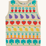 Frugi knitted tank top veg pals design on a cream background.