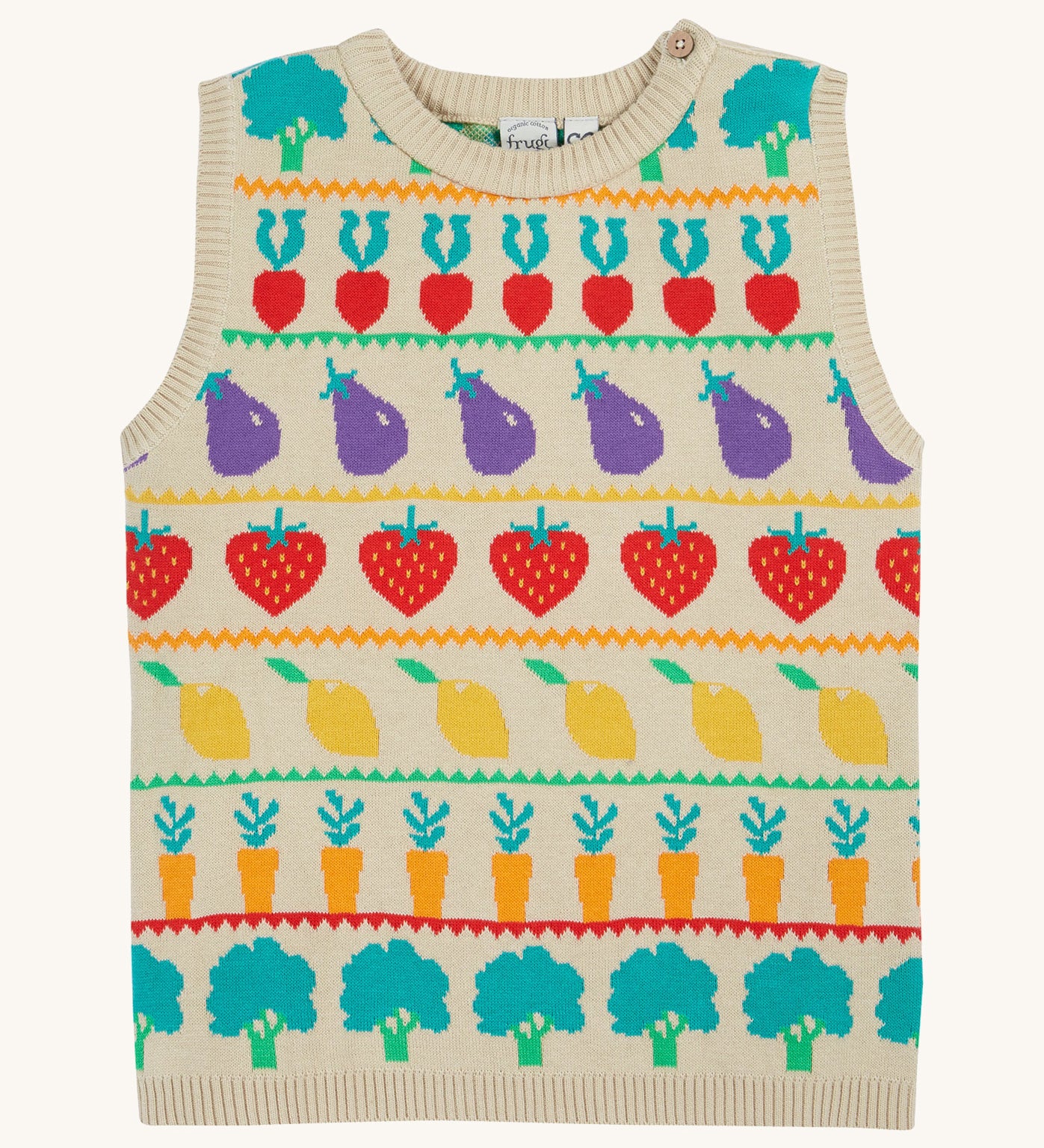 Frugi knitted tank top veg pals design on a cream background.