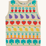 Frugi knitted tank top veg pals design on a cream background.