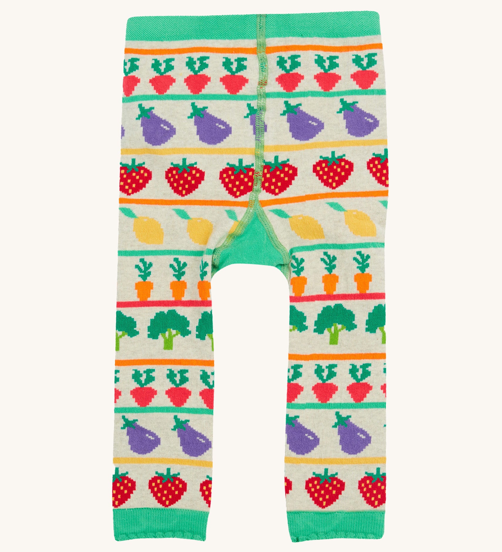 Frugi knitted leggings veg pals back detail on a cream background