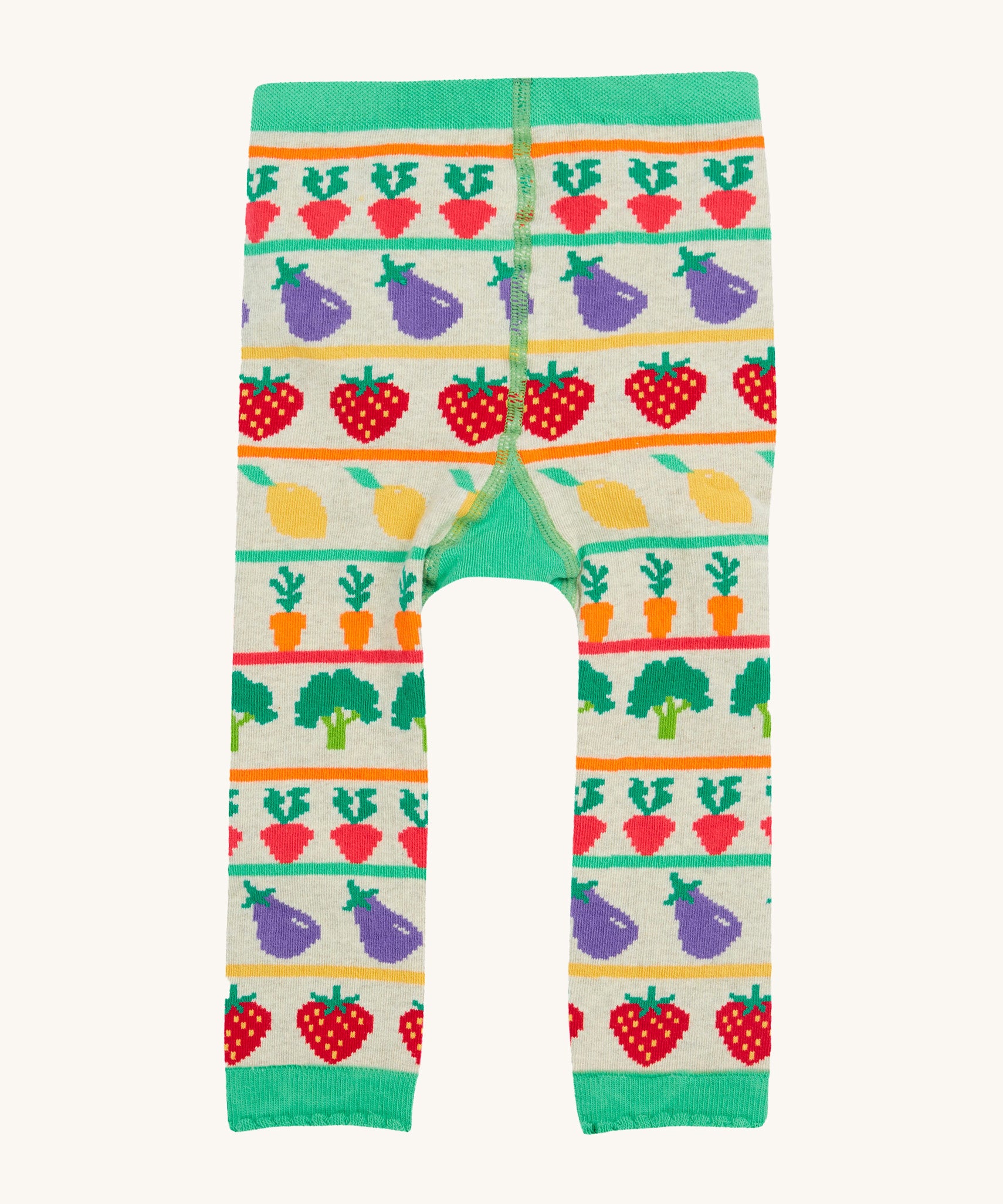 Frugi knitted leggings veg pals back detail on a cream background