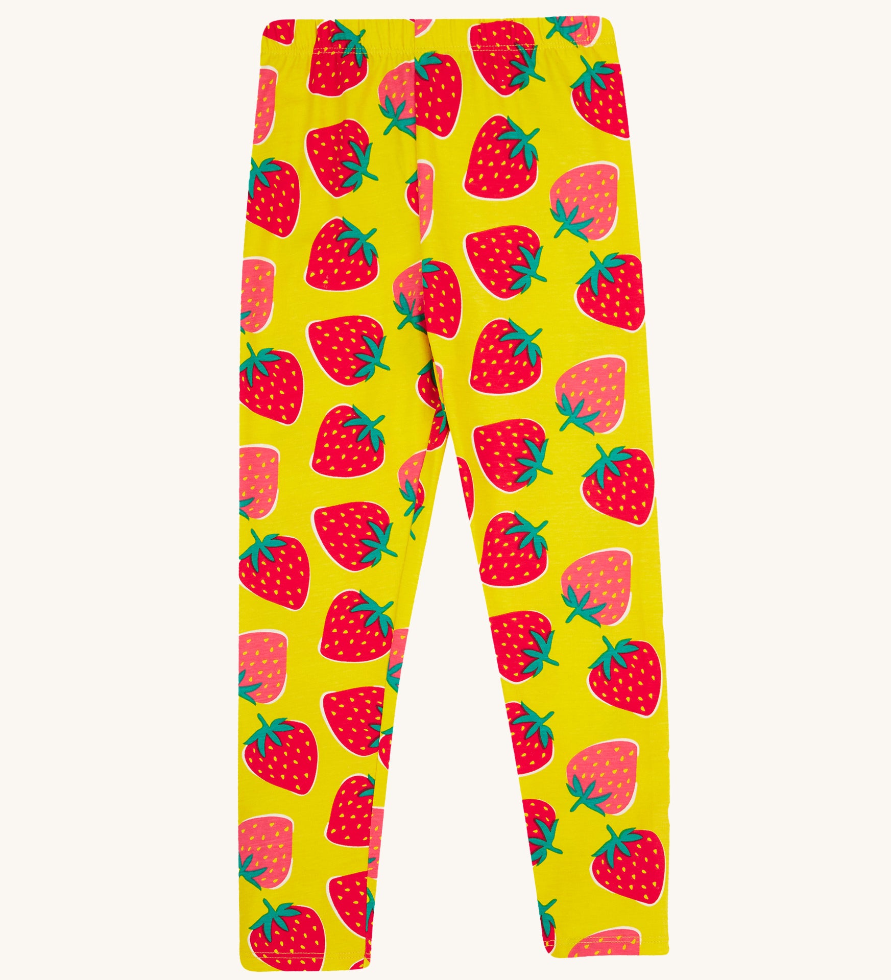 Frugi yellow leggings strawberry patch design on a cream background