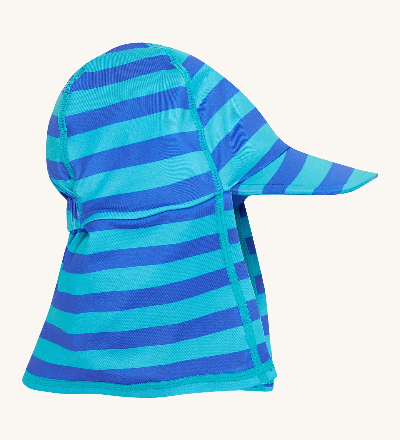 Frugi little swim hat blue stripe design on a cream background.