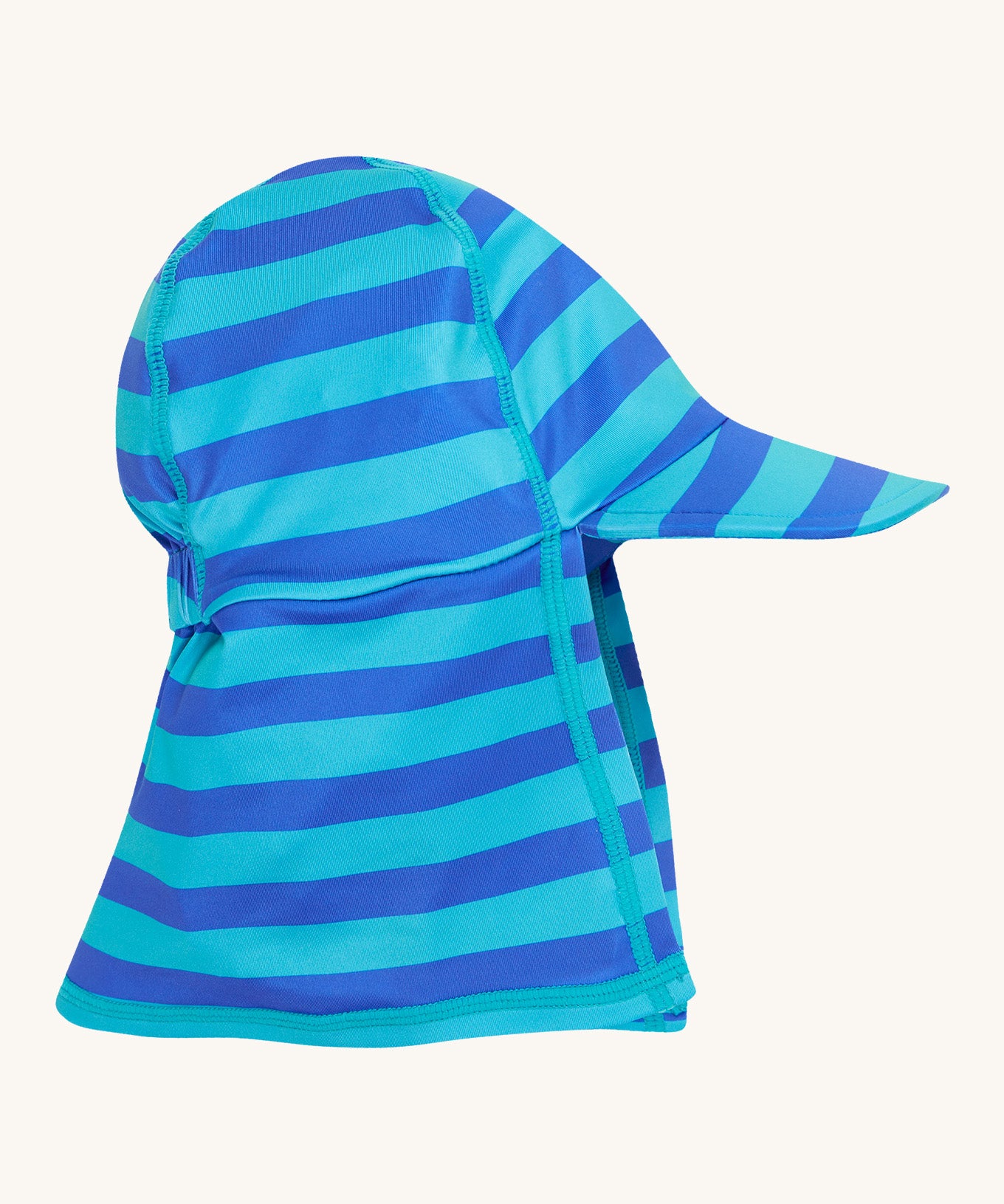 Frugi little swim hat blue stripe design on a cream background.