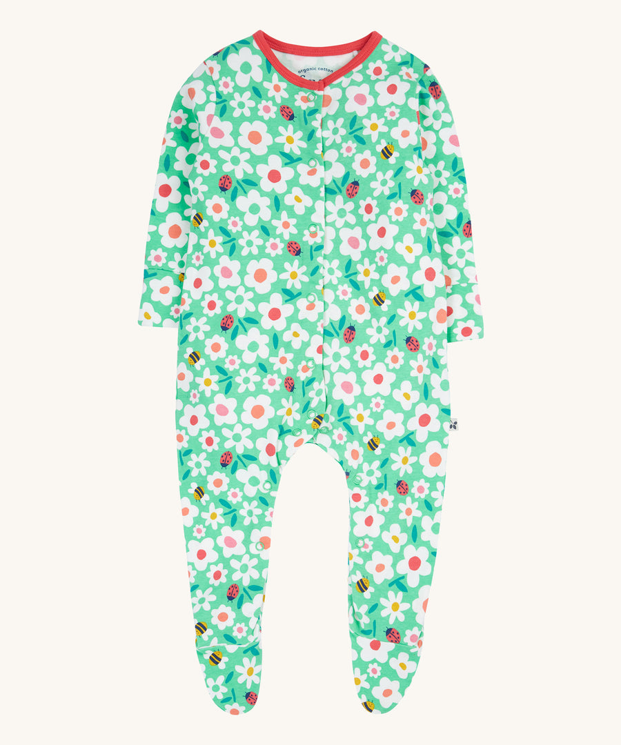 Frugi green baby grow busy bugs design