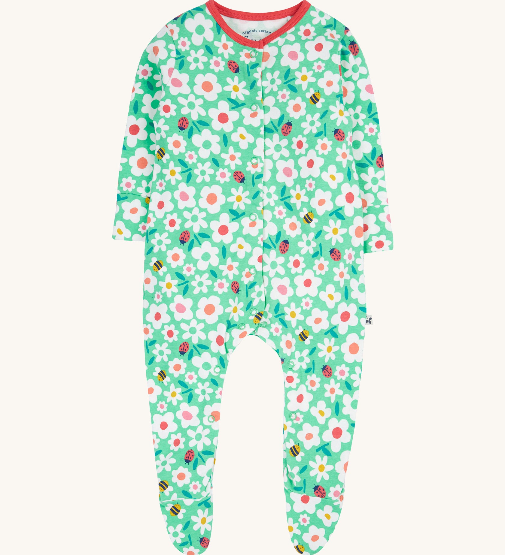 Frugi green baby grow busy bugs design