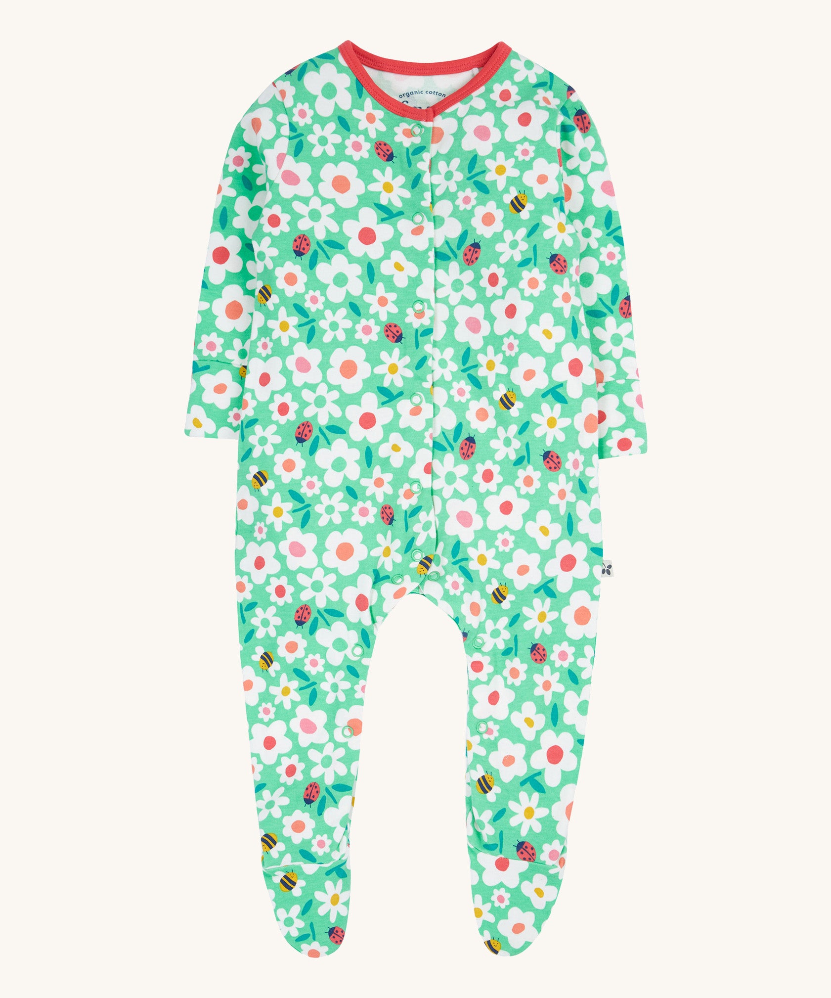 Frugi green baby grow busy bugs design