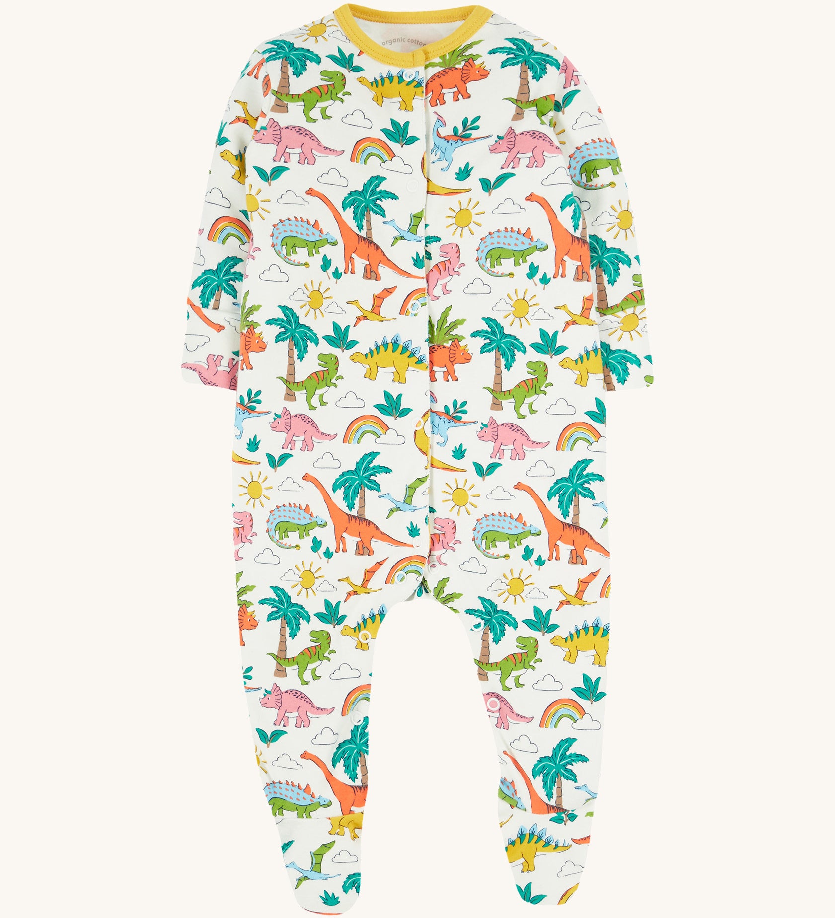 Frugi white baby grow dino land design