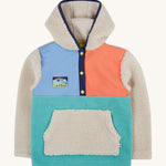 Frugi hooded fleece multicoloured block design on a cream background.