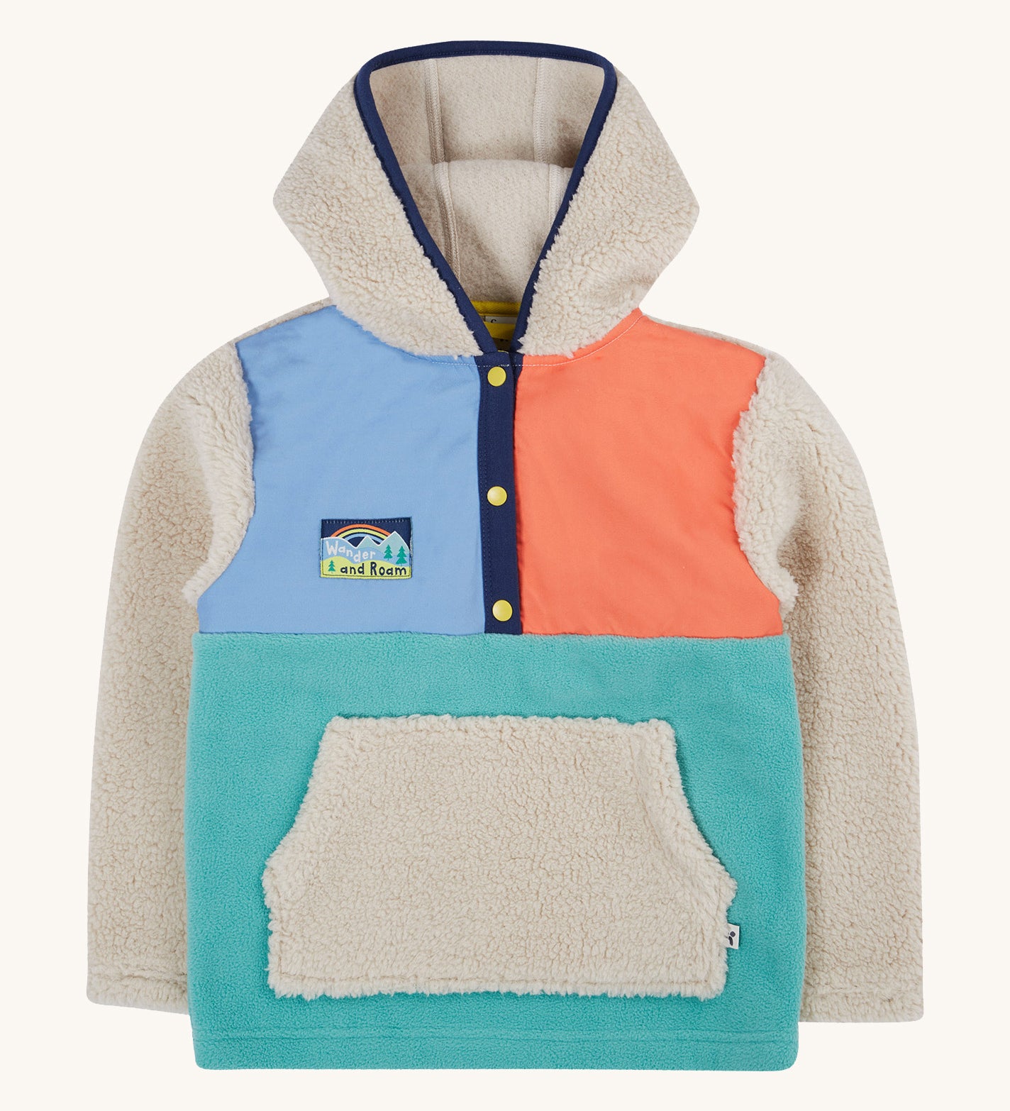 Frugi hooded fleece multicoloured block design on a cream background.