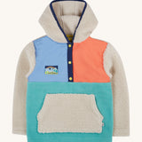 Frugi hooded fleece multicoloured block design on a cream background.