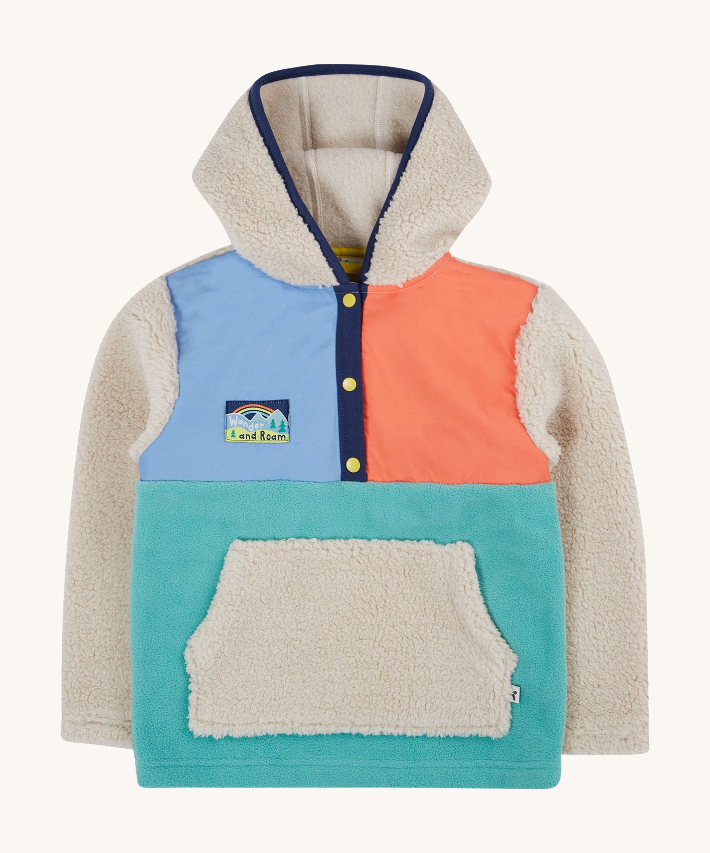 Frugi hooded fleece multicoloured block design on a cream background.