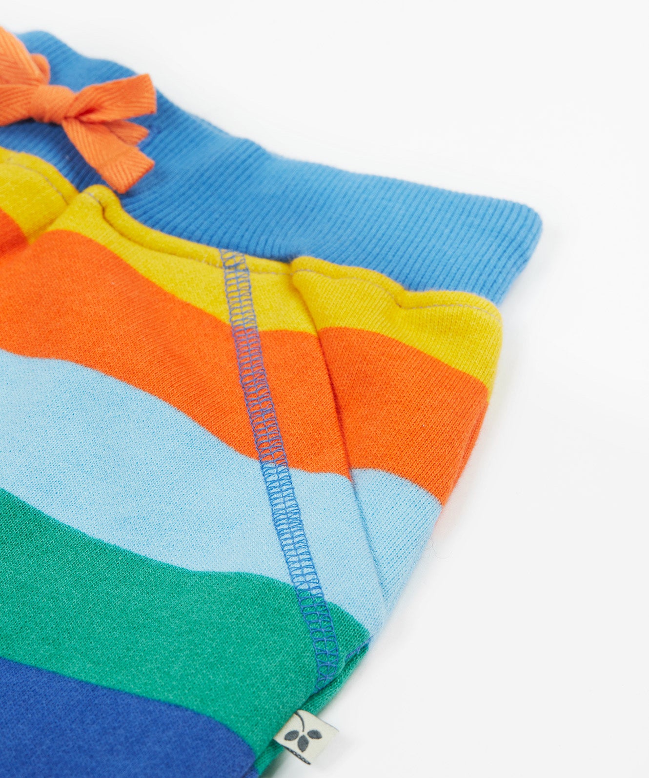 Frugi rainbow coloured bold stripes shorts pocket detail