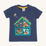 Frugi kids navy interactive short sleeve t-shirt bug hotel design on a cream background.