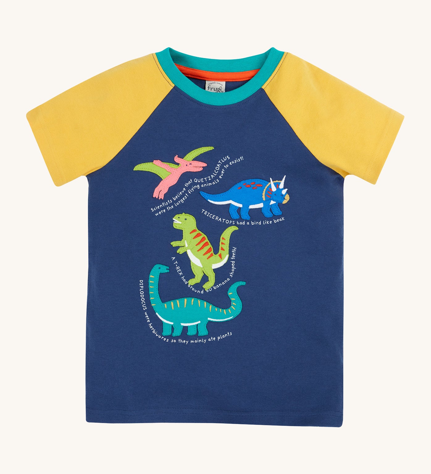 Frugi yellow and navy short sleeve top dino design on a cream background.