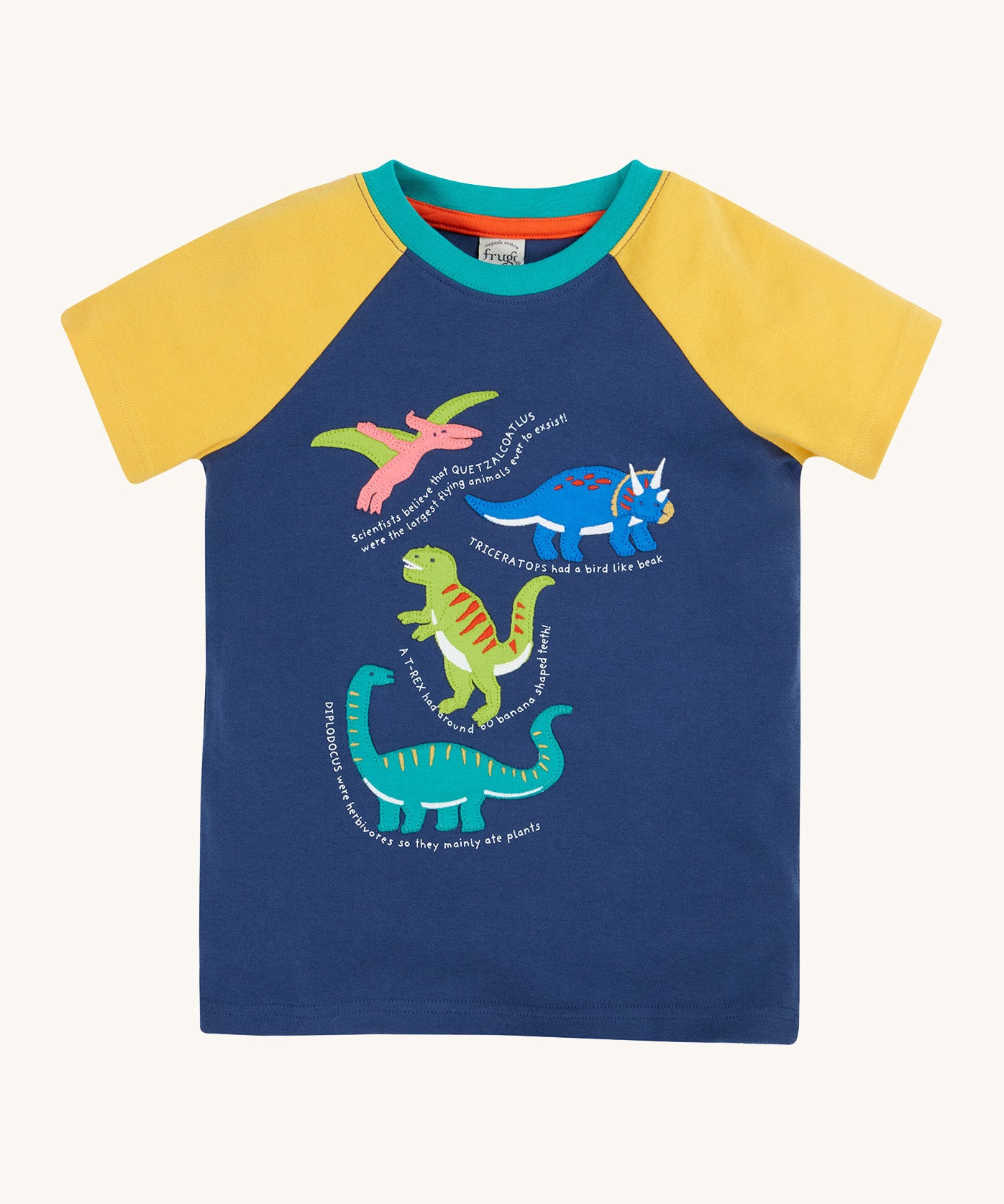 Frugi yellow and navy short sleeve top dino design on a cream background.