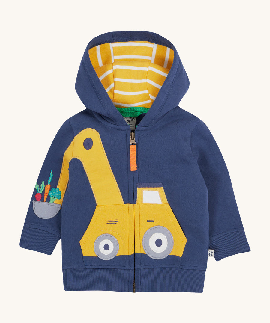 Frugi navy hoodie digger design on a cream background.