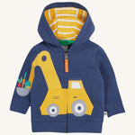 Frugi navy hoodie digger design on a cream background.