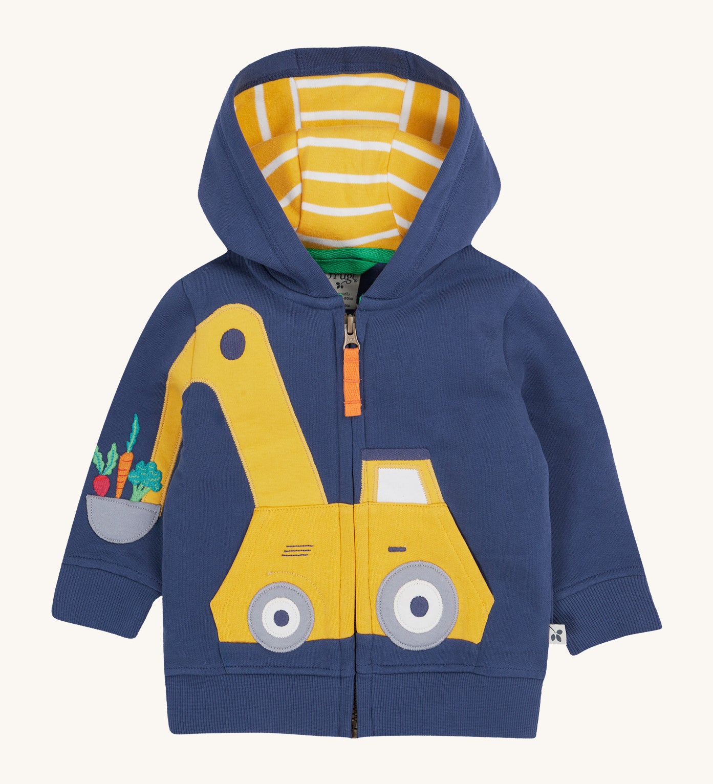 Frugi navy hoodie digger design on a cream background.