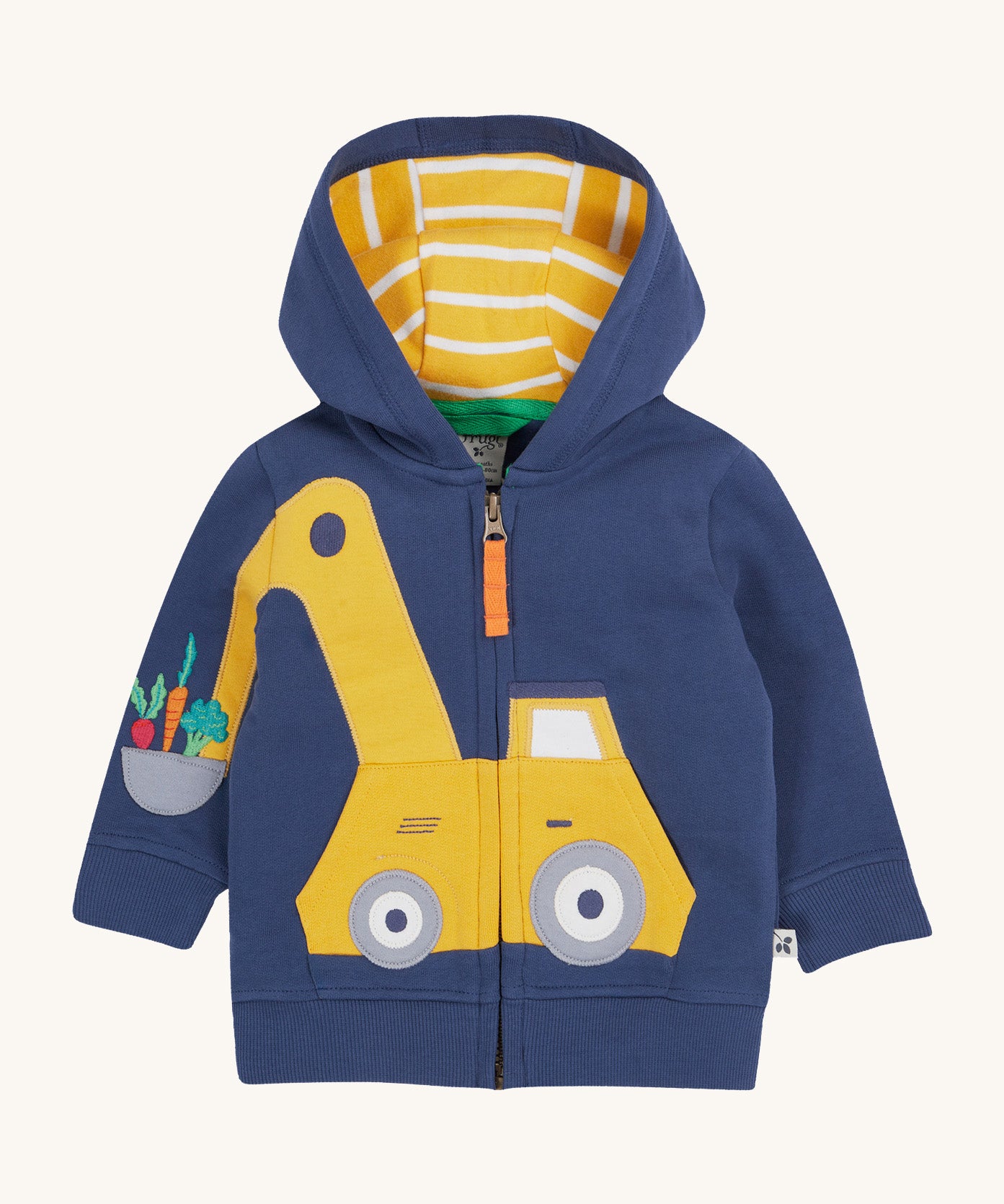 Frugi navy hoodie digger design on a cream background.