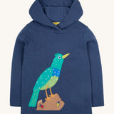 Frugi kids navy hooded top starling design on a cream background.