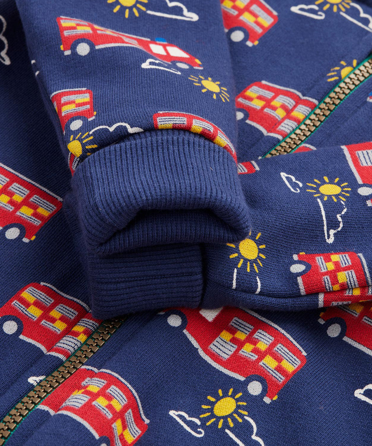 Frugi navy snuggle suit fire engine zip detail