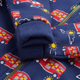 Frugi navy snuggle suit fire engine zip detail