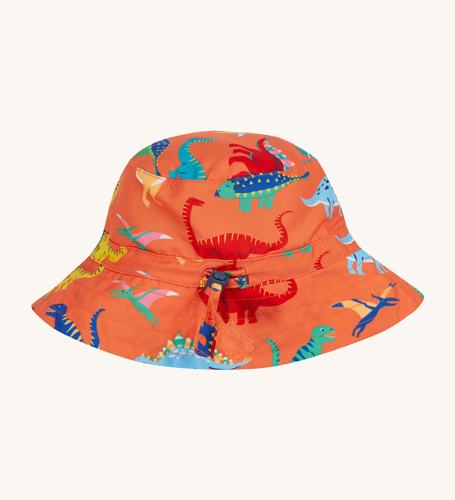 Frugi orange swim hat dino roar design on a cream background.