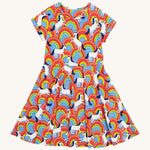 Frugi spring over the rainbow skater dress - GOTS organic children's skater dress with multicoloured rainbows white horses and short sleeves.  