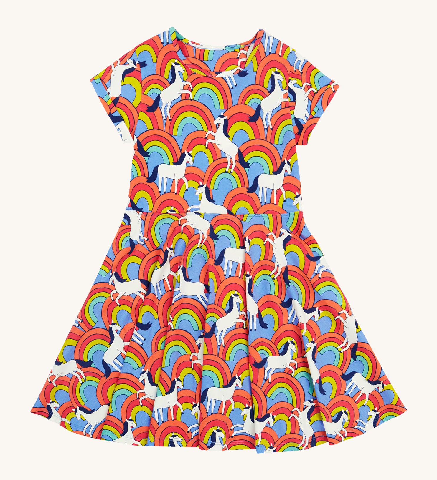 Frugi spring over the rainbow skater dress - GOTS organic children's skater dress with multicoloured rainbows white horses and short sleeves.  