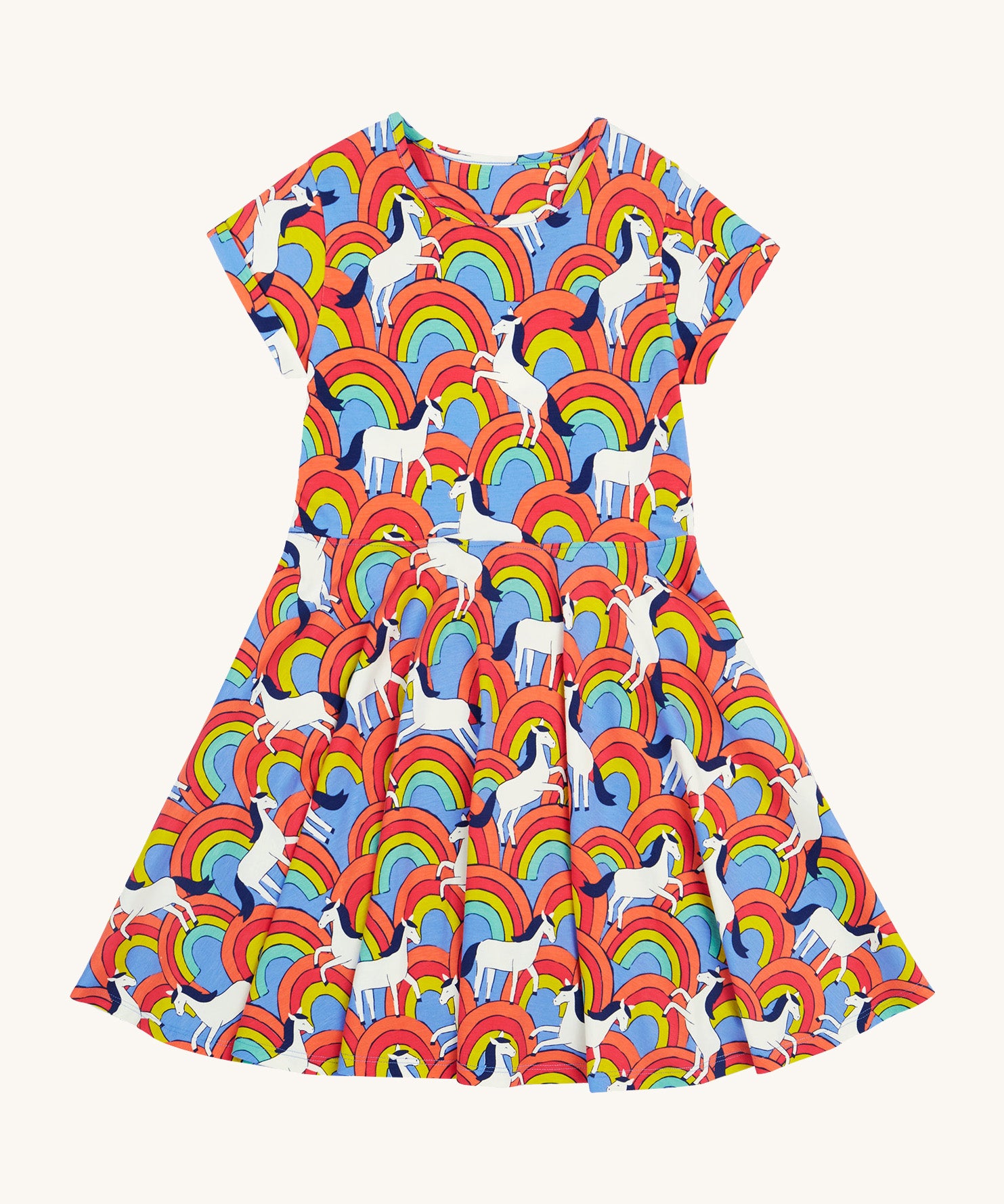 Frugi spring over the rainbow skater dress - GOTS organic children's skater dress with multicoloured rainbows white horses and short sleeves.  