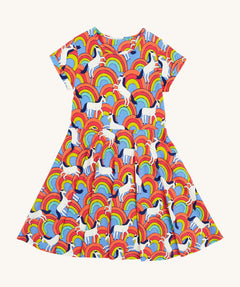 Frugi spring over the rainbow skater dress - GOTS organic children's skater dress with multicoloured rainbows white horses and short sleeves.  