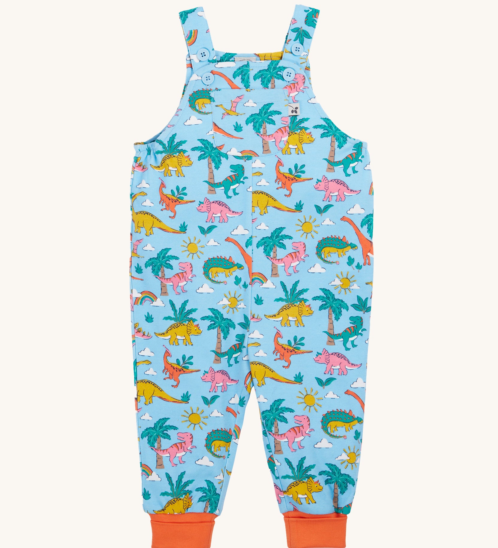 Frugi blue parsnip dungarees dinoland design 