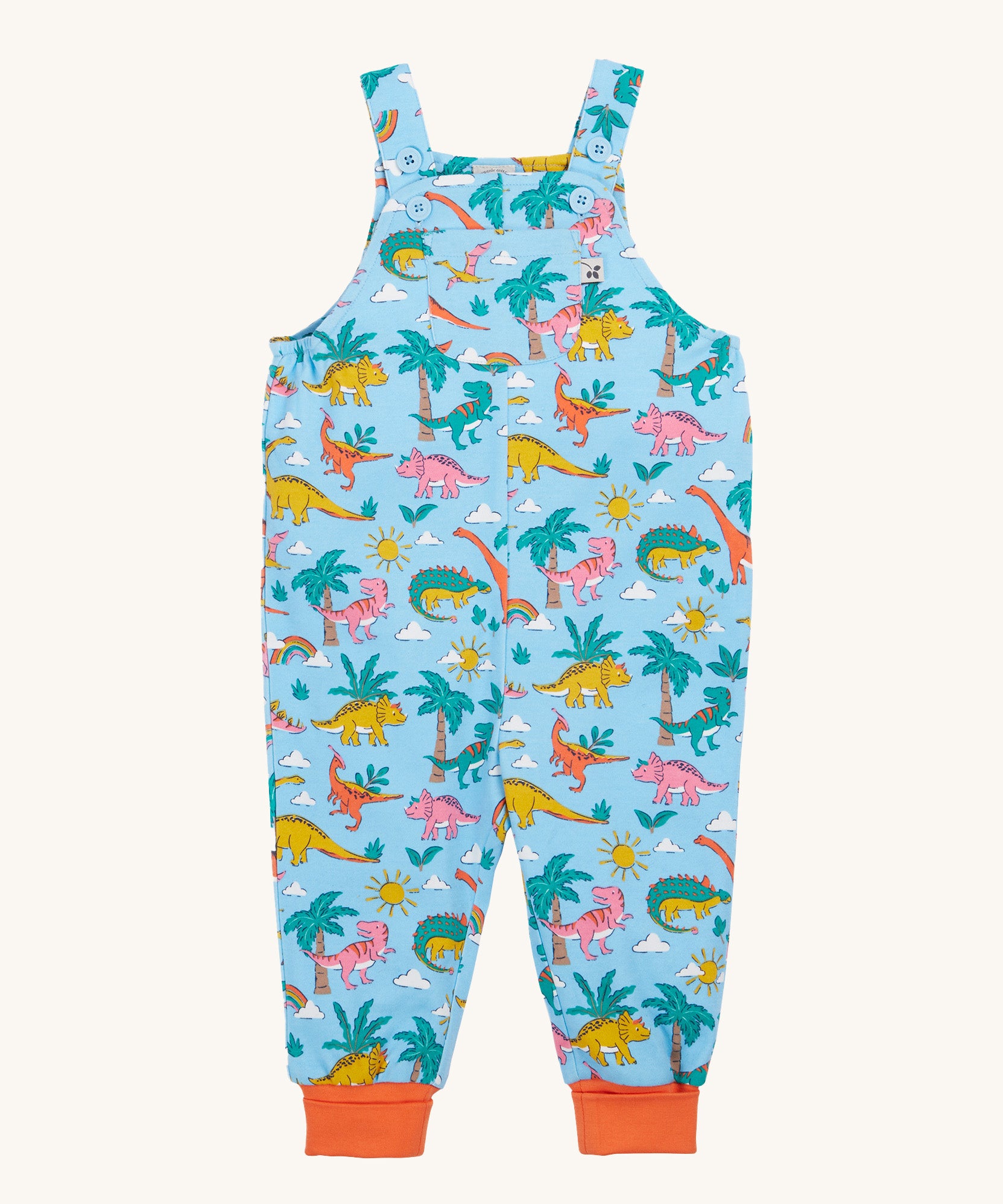 Frugi blue parsnip dungarees dinoland design 