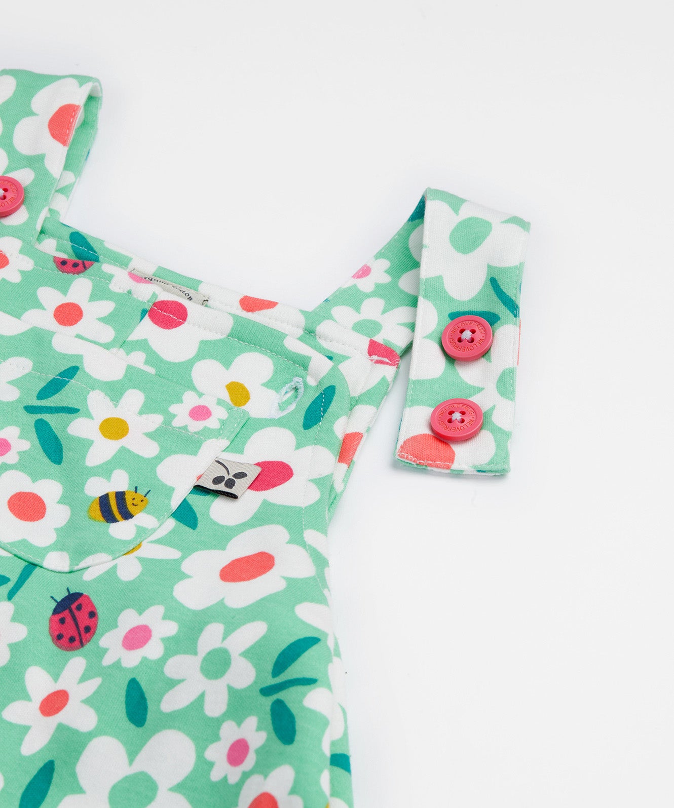 Frugi green parsnip dungarees busy bugs shoulder straps details