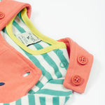 Frugi pink, green stripes dungaree outfit sheep design shoulder button and popper detail