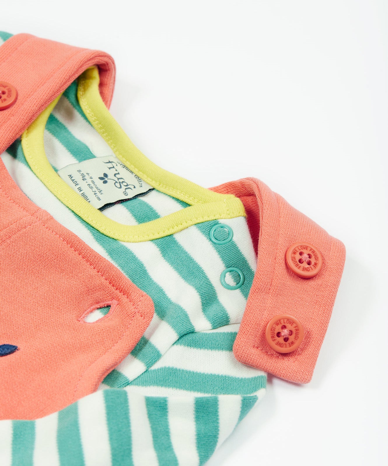 Frugi pink, green stripes dungaree outfit sheep design shoulder button and popper detail