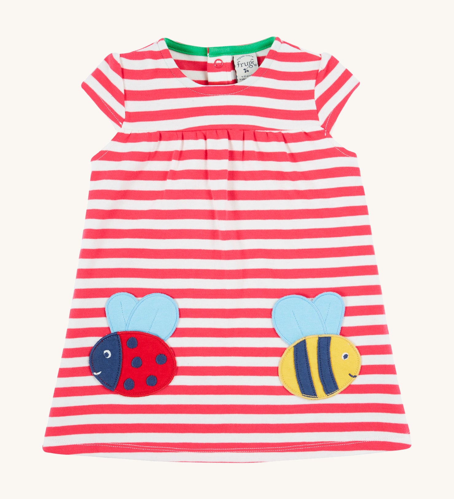 Frugi pink striped dress ladybird and bumblebee design on a cream background.