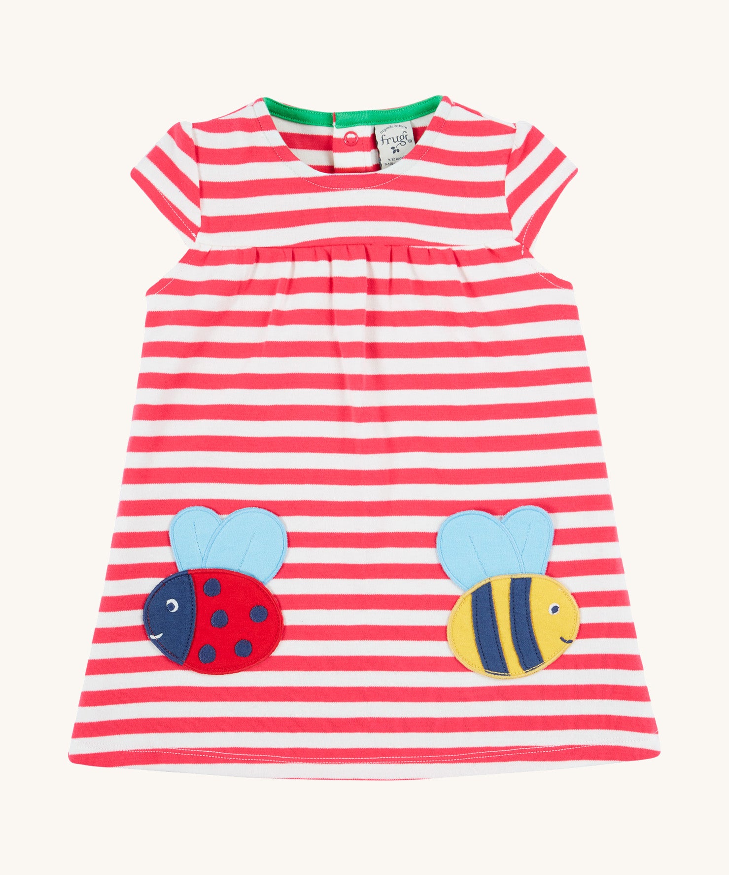 Frugi pink striped dress ladybird and bumblebee design on a cream background.