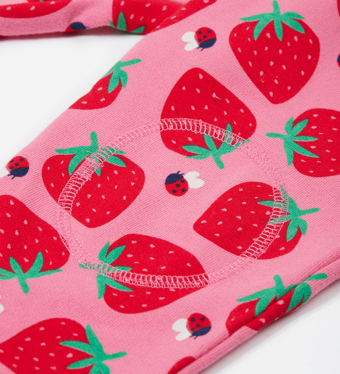 Frugi pink snuggle crawlers strawberry pals knee patch detail