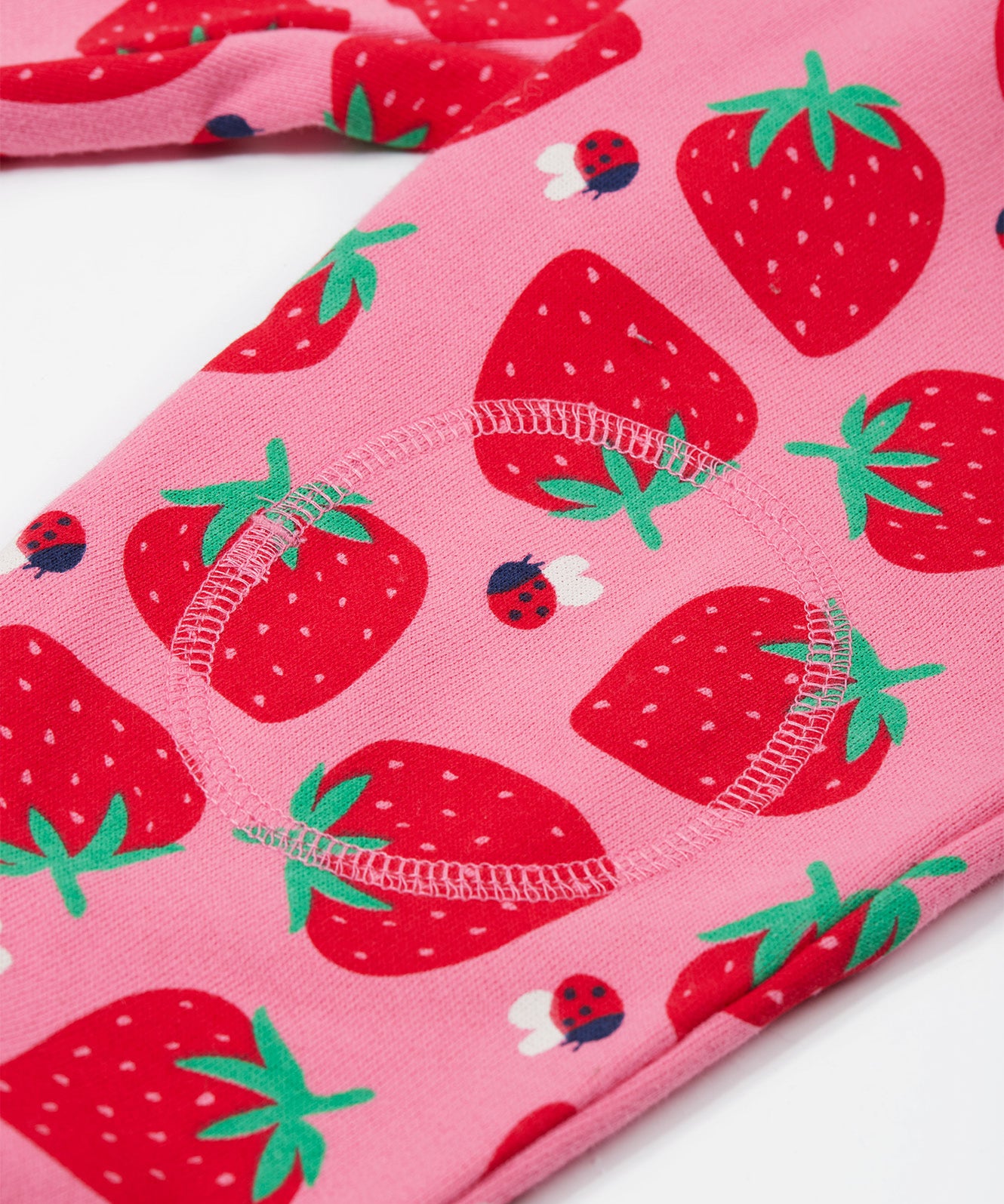 Frugi pink snuggle crawlers strawberry pals knee patch detail