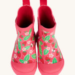 Frugi kids pink wellington strawberries design front detail