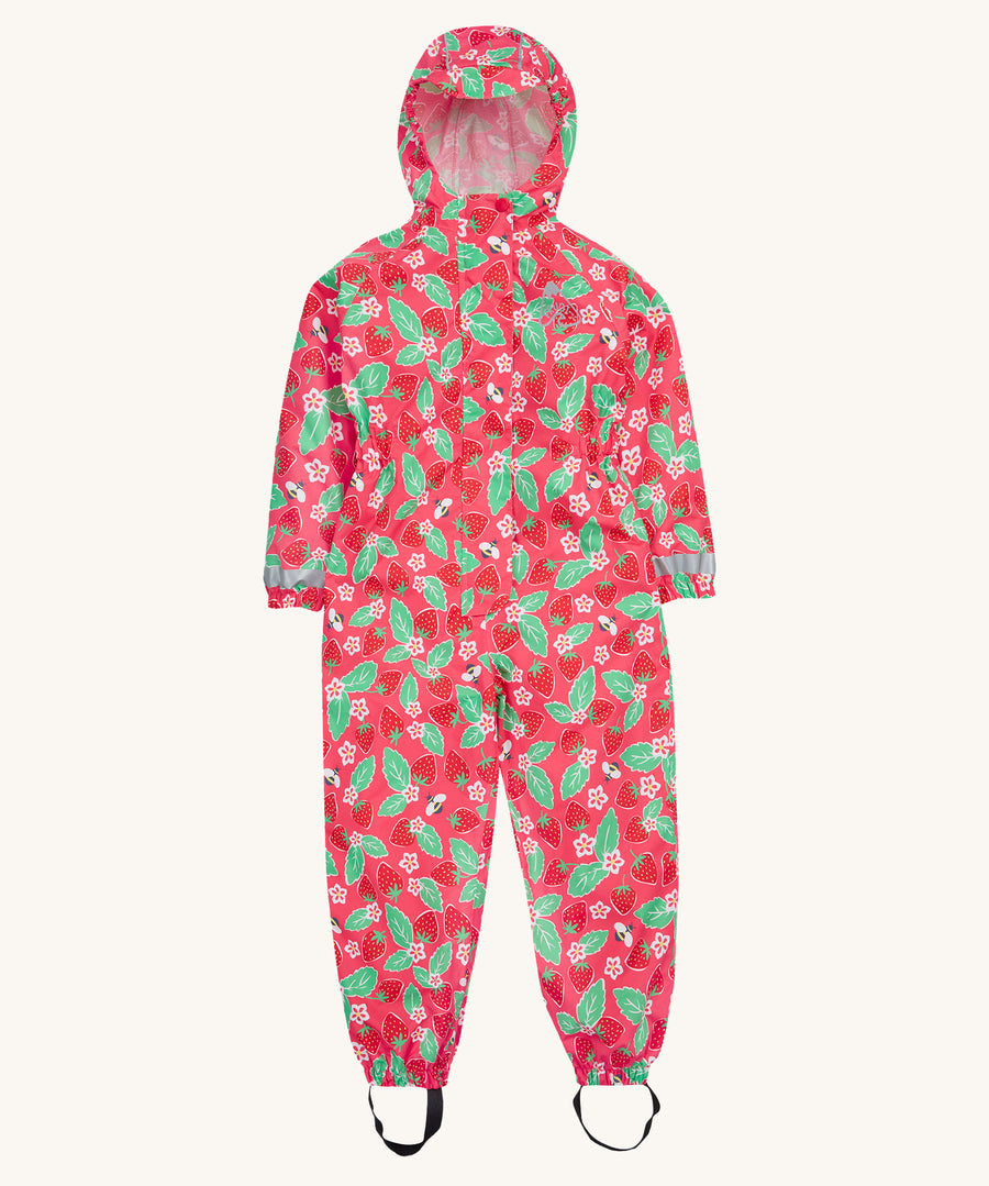 Frugi pink all in one suit strawberry pals on a cream background.