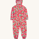 Frugi pink all in one suit strawberry pals on a cream background.