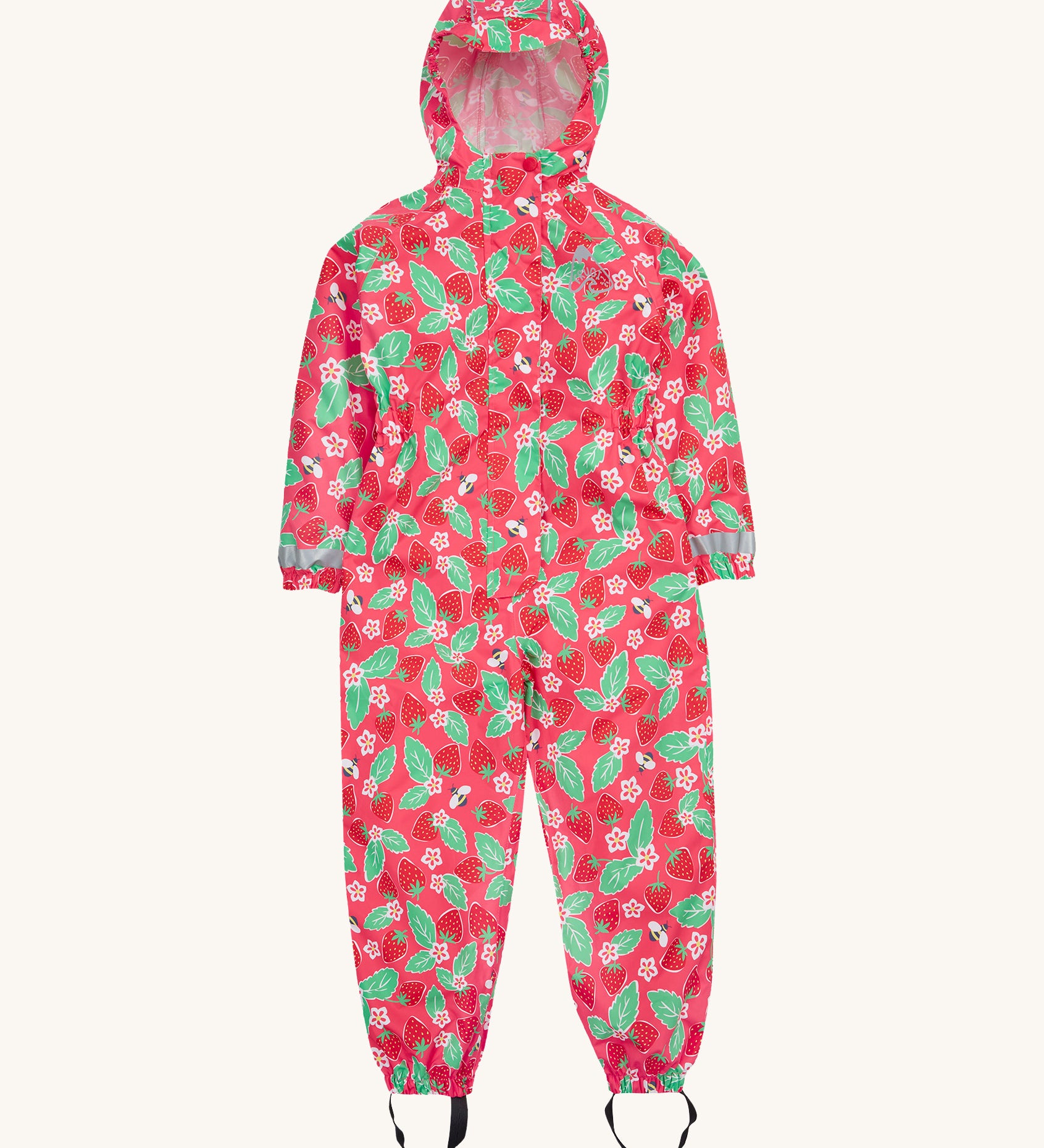 Frugi pink all in one suit strawberry pals on a cream background.