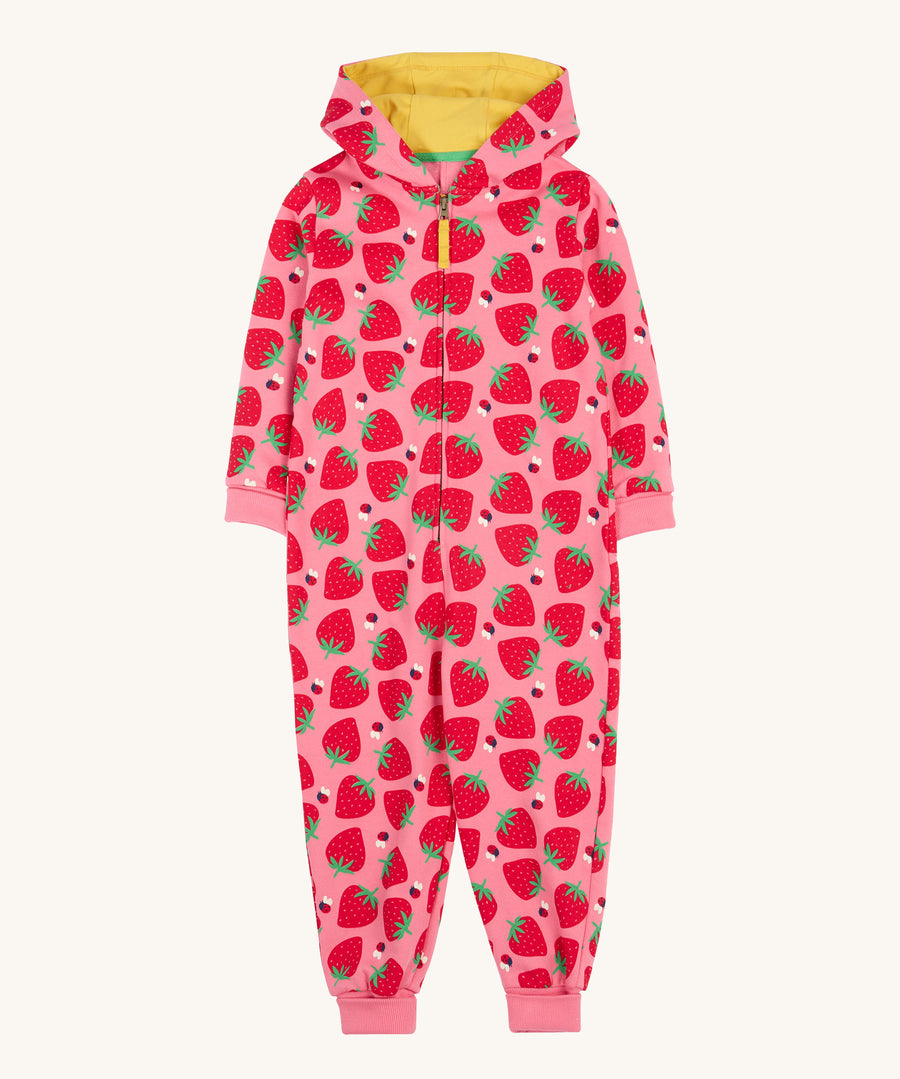 Frugi pink big snuggle suit strawberry pals design on a cream background.