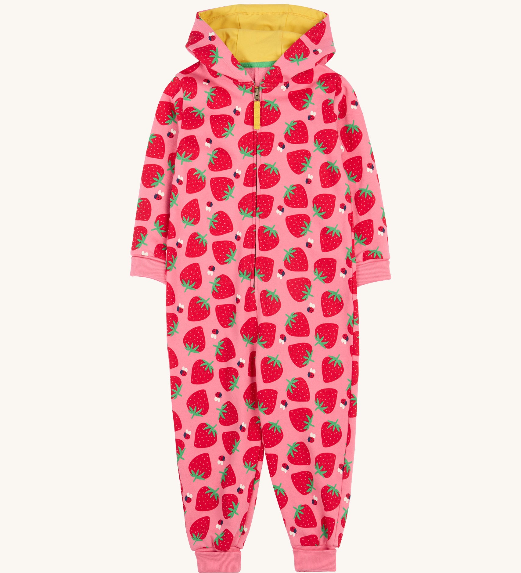 Frugi pink big snuggle suit strawberry pals design on a cream background.