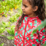 Frugi pink rain jacket strawberry pals design.