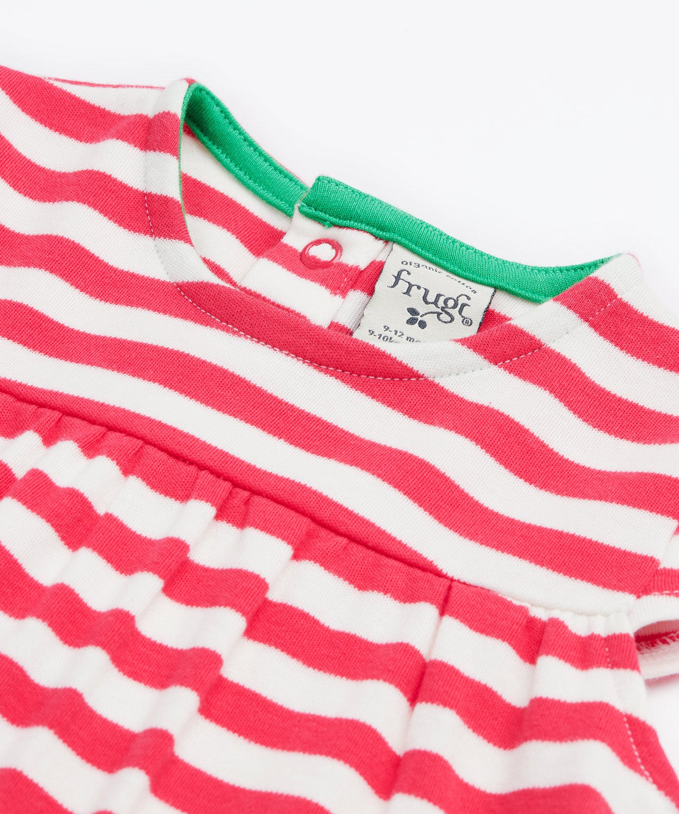 Frugi pink striped dress front neck detail